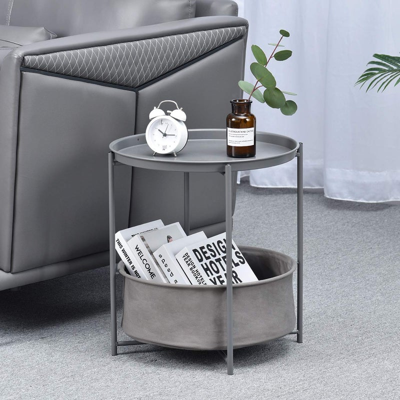 TOOLF End Table, Metal Nightstand, Coffee Round Table, Sofa Side Snack Table with Detachable Tray Top and Fabric Storage Basket, Scandi Style Table for Living Room Bedroom (Dark Grey) - Image 3